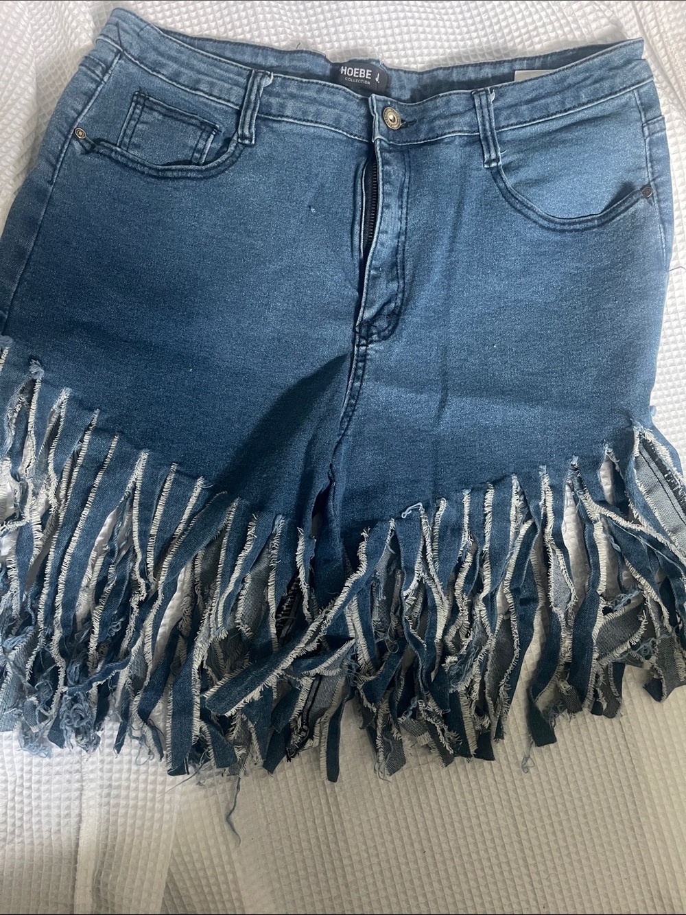 HOEBE Fringe Hem Denim Shorts - Blue